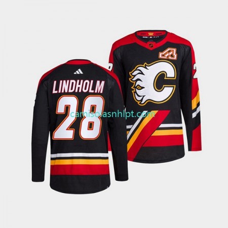 Camiseta Calgary Flames Elias Lindholm 28 Adidas 2022-2023 Reverse Retro Preto Authentic - Homem